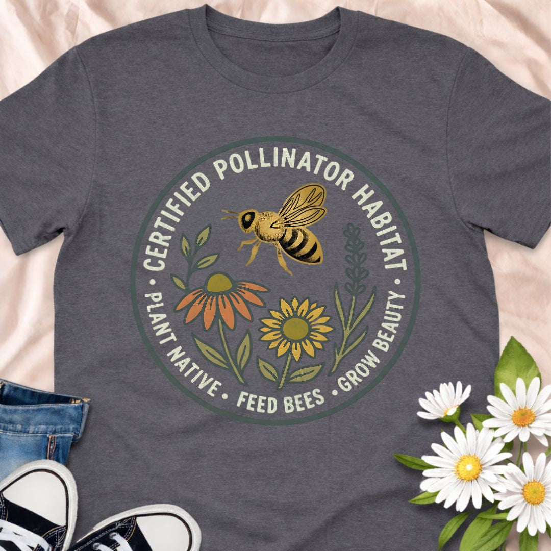 Show your support for bees and pollinators with this “Certified Pollinator Habitat” t-shirt. Perfect for gardeners who plant native flowers, support bees, and grow pollinator-friendly gardens. A beautiful eco-friendly gardening shirt for plant lovers and wildlife gardeners.