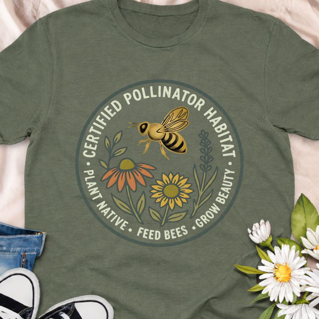 Show your support for bees and pollinators with this “Certified Pollinator Habitat” t-shirt. Perfect for gardeners who plant native flowers, support bees, and grow pollinator-friendly gardens. A beautiful eco-friendly gardening shirt for plant lovers and wildlife gardeners.