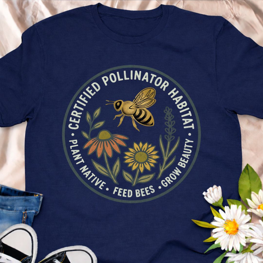 Show your support for bees and pollinators with this “Certified Pollinator Habitat” t-shirt. Perfect for gardeners who plant native flowers, support bees, and grow pollinator-friendly gardens. A beautiful eco-friendly gardening shirt for plant lovers and wildlife gardeners.