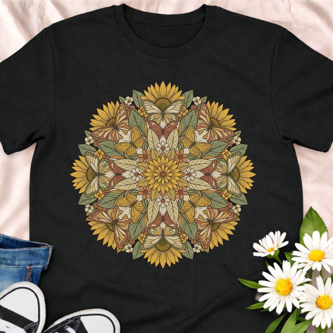 Celebrate nature with this beautiful botanical mandala t-shirt featuring sunflowers, leaves, and butterflies in a symmetrical floral design. Perfect for gardeners, pollinator lovers, nature enthusiasts, and anyone who appreciates botanical art.