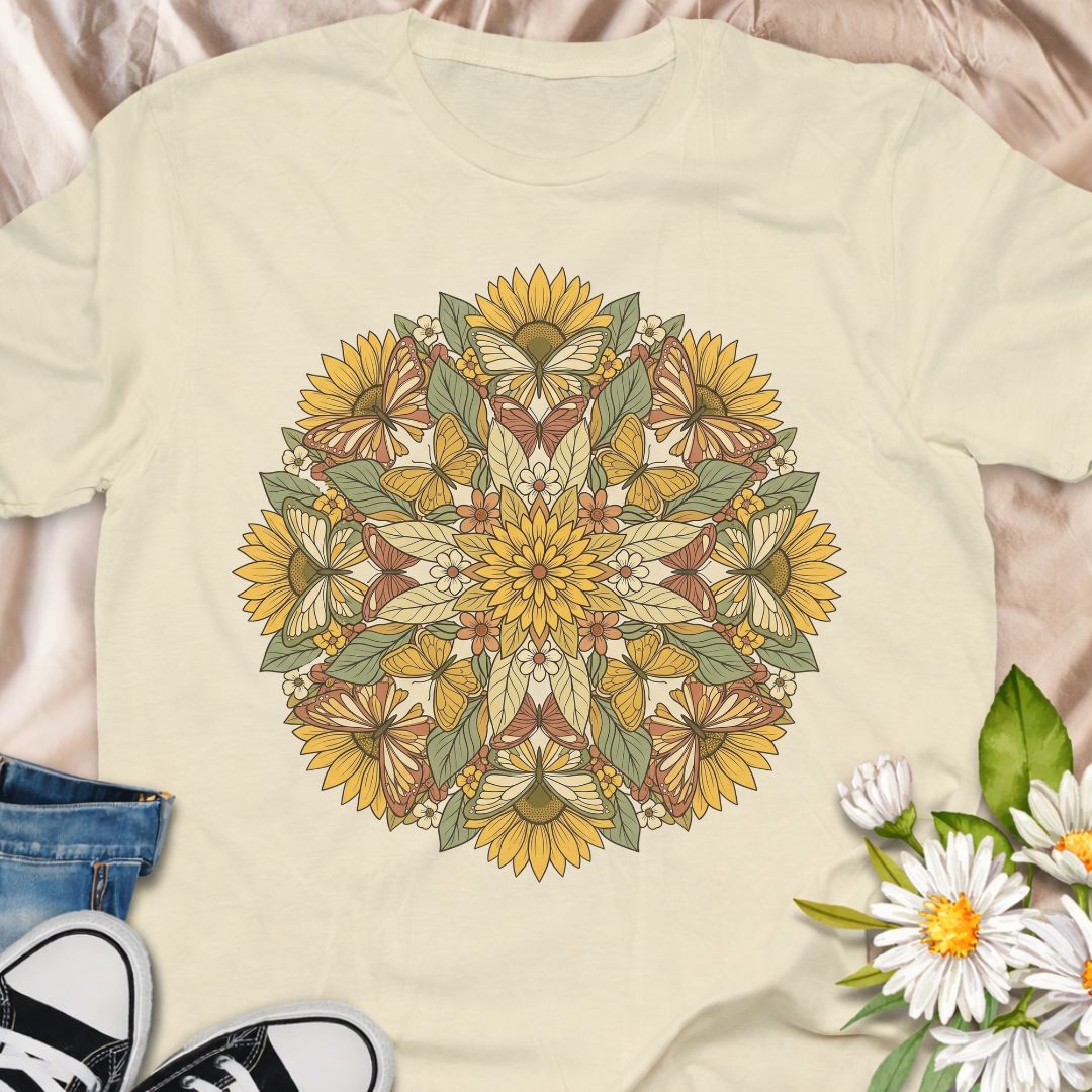 Celebrate nature with this beautiful botanical mandala t-shirt featuring sunflowers, leaves, and butterflies in a symmetrical floral design. Perfect for gardeners, pollinator lovers, nature enthusiasts, and anyone who appreciates botanical art.