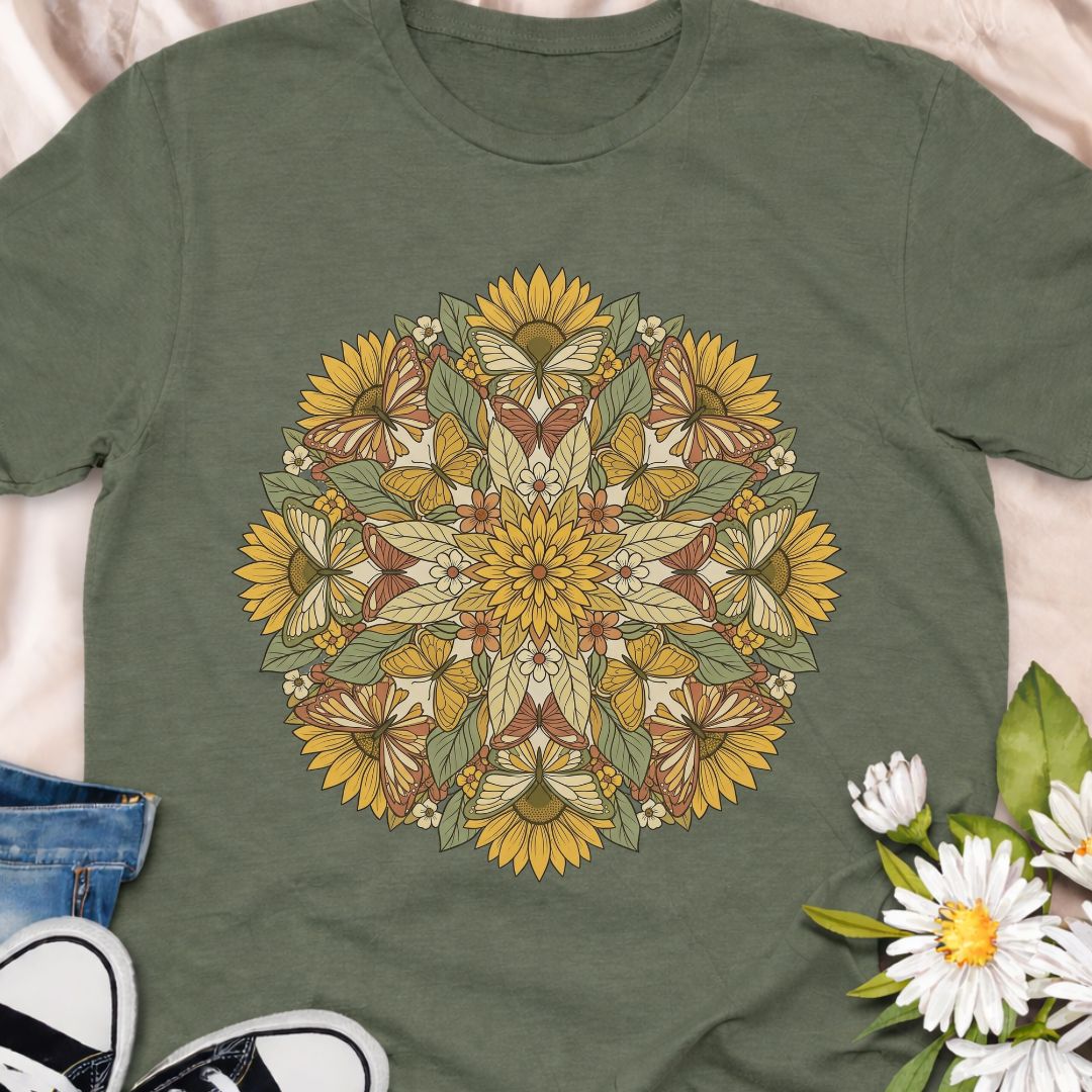 Celebrate nature with this beautiful botanical mandala t-shirt featuring sunflowers, leaves, and butterflies in a symmetrical floral design. Perfect for gardeners, pollinator lovers, nature enthusiasts, and anyone who appreciates botanical art.