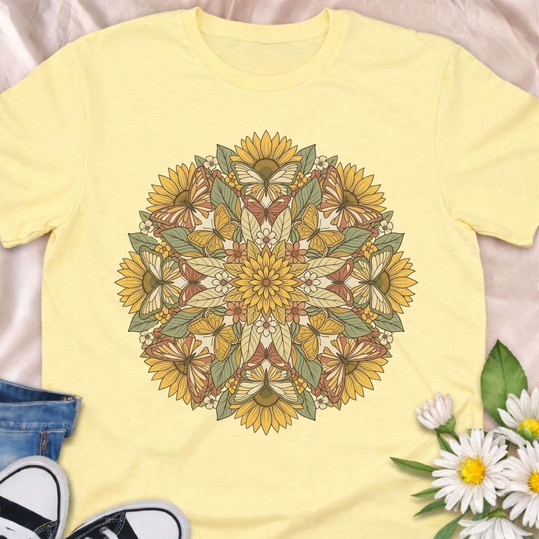 Celebrate nature with this beautiful botanical mandala t-shirt featuring sunflowers, leaves, and butterflies in a symmetrical floral design. Perfect for gardeners, pollinator lovers, nature enthusiasts, and anyone who appreciates botanical art.