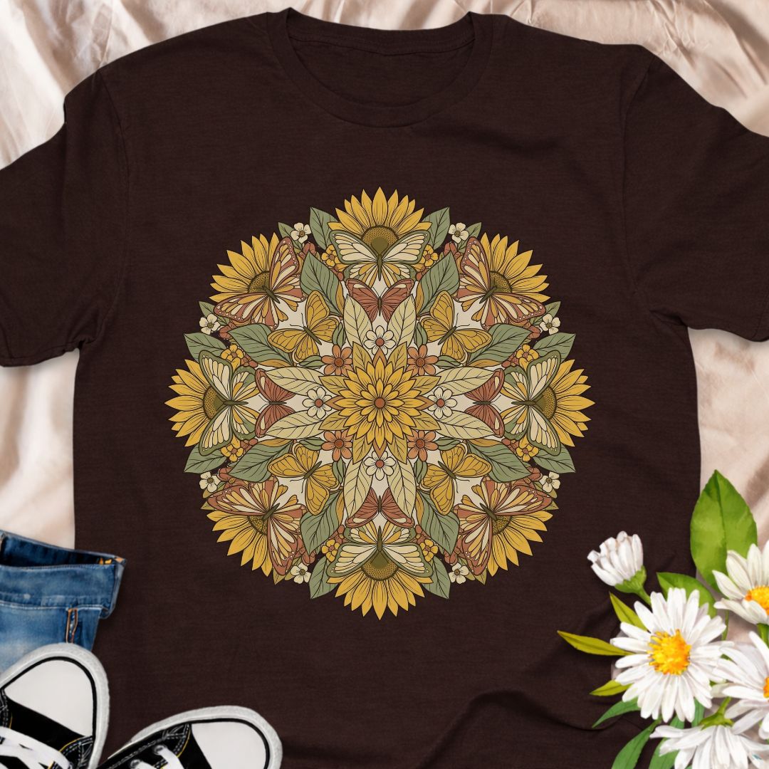 Celebrate nature with this beautiful botanical mandala t-shirt featuring sunflowers, leaves, and butterflies in a symmetrical floral design. Perfect for gardeners, pollinator lovers, nature enthusiasts, and anyone who appreciates botanical art.