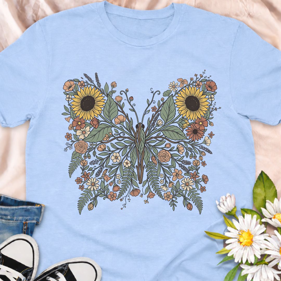 Beautiful botanical butterfly t-shirt featuring sunflowers, wildflowers, and delicate foliage forming an elegant butterfly design. Perfect for gardeners, nature lovers, pollinator supporters, and anyone who loves floral botanical art. 