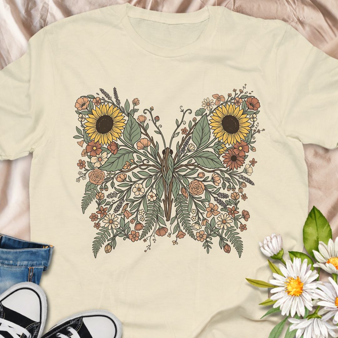 Beautiful botanical butterfly t-shirt featuring sunflowers, wildflowers, and delicate foliage forming an elegant butterfly design. Perfect for gardeners, nature lovers, pollinator supporters, and anyone who loves floral botanical art.
