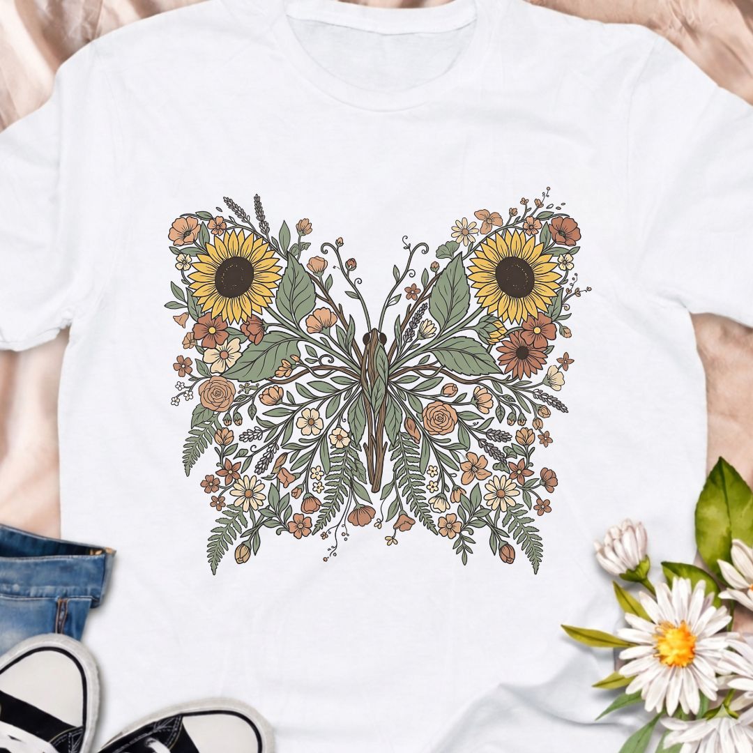      Beautiful botanical butterfly t-shirt featuring sunflowers, wildflowers, and delicate foliage forming an elegant butterfly design. Perfect for gardeners, nature lovers, pollinator supporters, and anyone who loves floral botanical art.                                                      