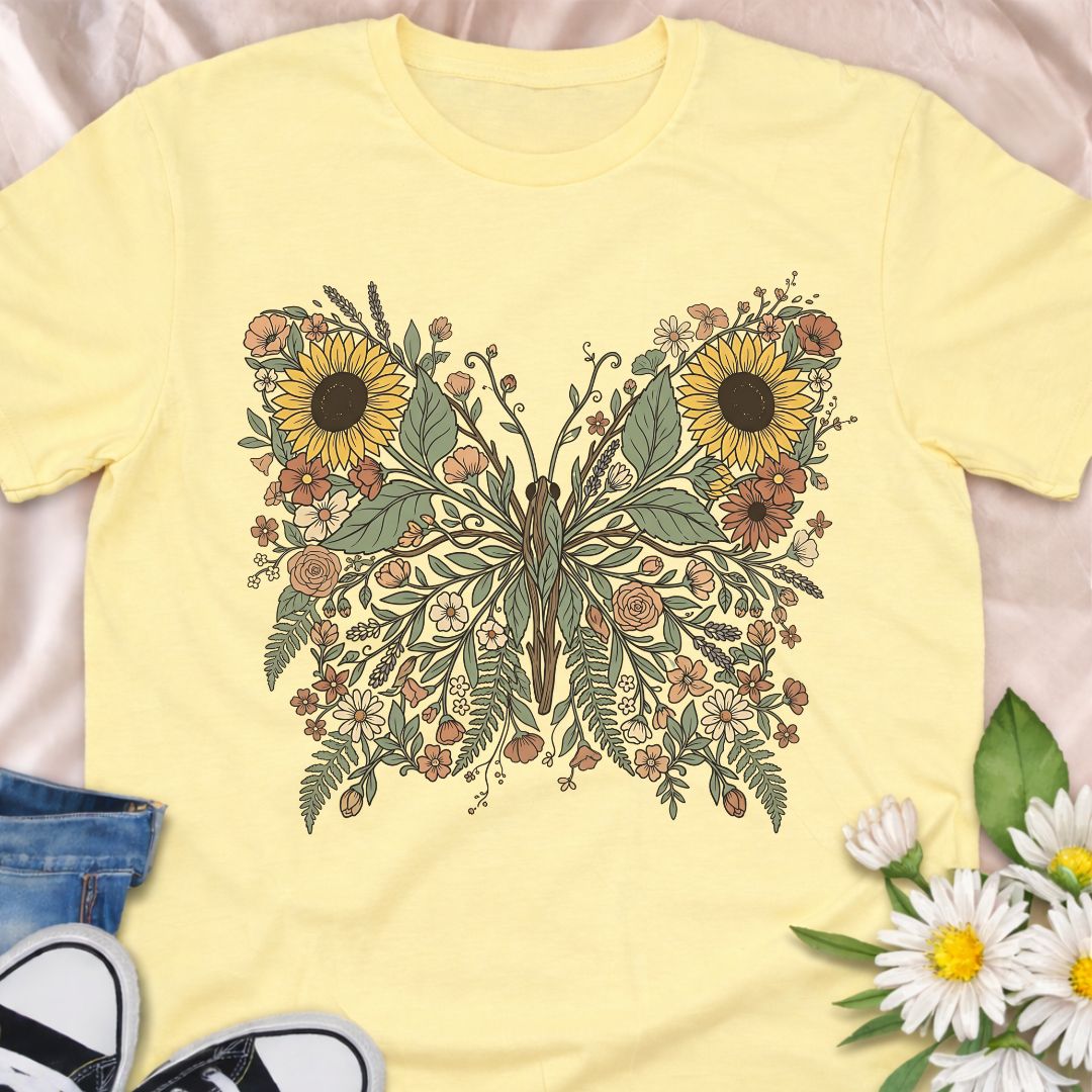 Beautiful botanical butterfly t-shirt featuring sunflowers, wildflowers, and delicate foliage forming an elegant butterfly design. Perfect for gardeners, nature lovers, pollinator supporters, and anyone who loves floral botanical art.