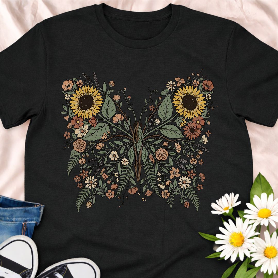 Beautiful botanical butterfly t-shirt featuring sunflowers, wildflowers, and delicate foliage forming an elegant butterfly design. Perfect for gardeners, nature lovers, pollinator supporters, and anyone who loves floral botanical art.