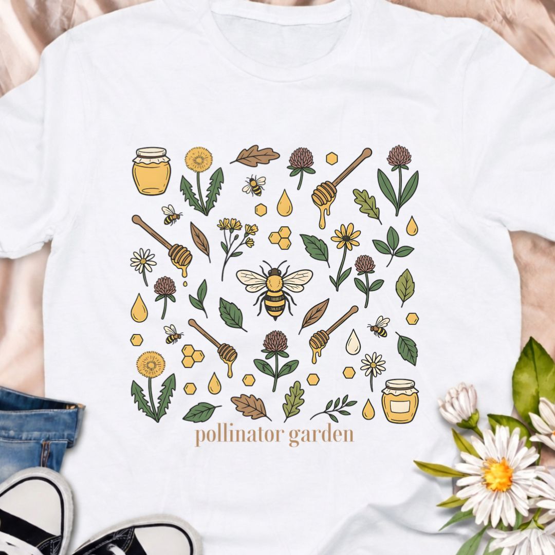Celebrate nature with this “Pollinator Garden” t-shirt featuring bees, honey jars, wildflowers, and garden elements. Perfect for gardeners, bee lovers, and anyone passionate about creating pollinator-friendly gardens.
