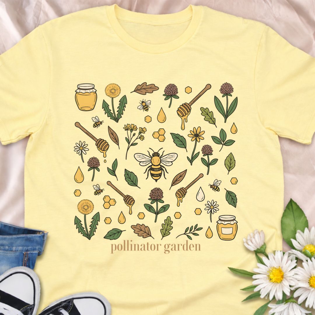 Celebrate nature with this “Pollinator Garden” t-shirt featuring bees, honey jars, wildflowers, and garden elements. Perfect for gardeners, bee lovers, and anyone passionate about creating pollinator-friendly gardens.