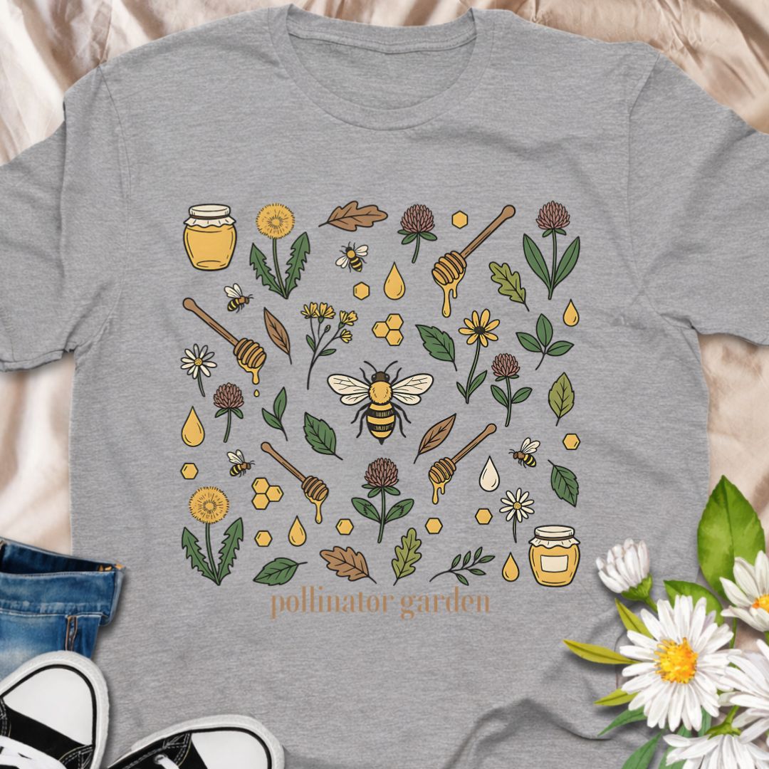 Celebrate nature with this “Pollinator Garden” t-shirt featuring bees, honey jars, wildflowers, and garden elements. Perfect for gardeners, bee lovers, and anyone passionate about creating pollinator-friendly gardens.