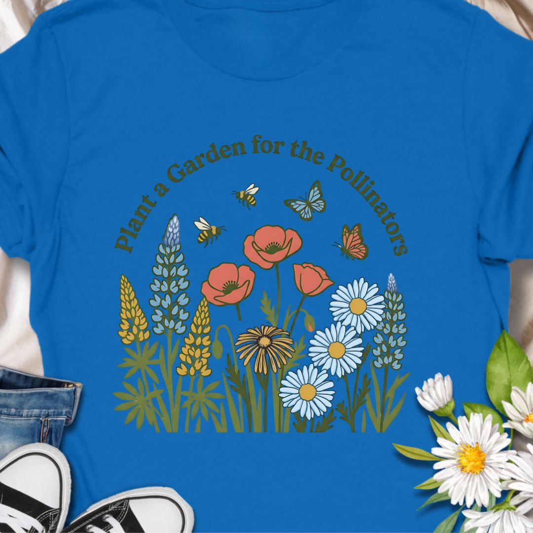 Encourage biodiversity with this “Plant a Garden for the Pollinators” t-shirt featuring colorful wildflowers, bees, and butterflies. Perfect for gardeners, pollinator advocates, nature lovers, and anyone passionate about helping bees and butterflies thrive.
