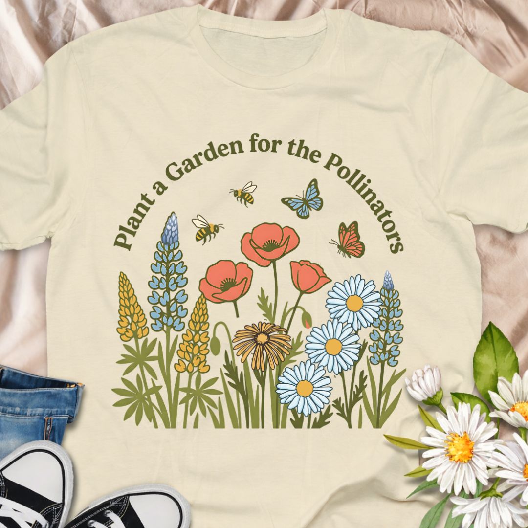 Encourage biodiversity with this “Plant a Garden for the Pollinators” t-shirt featuring colorful wildflowers, bees, and butterflies. Perfect for gardeners, pollinator advocates, nature lovers, and anyone passionate about helping bees and butterflies thrive.