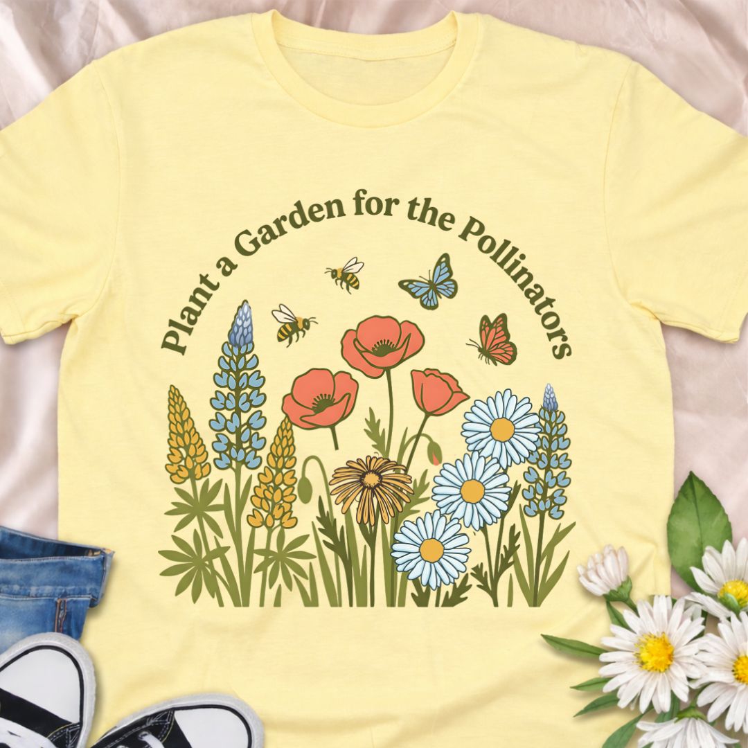 Encourage biodiversity with this “Plant a Garden for the Pollinators” t-shirt featuring colorful wildflowers, bees, and butterflies. Perfect for gardeners, pollinator advocates, nature lovers, and anyone passionate about helping bees and butterflies thrive.