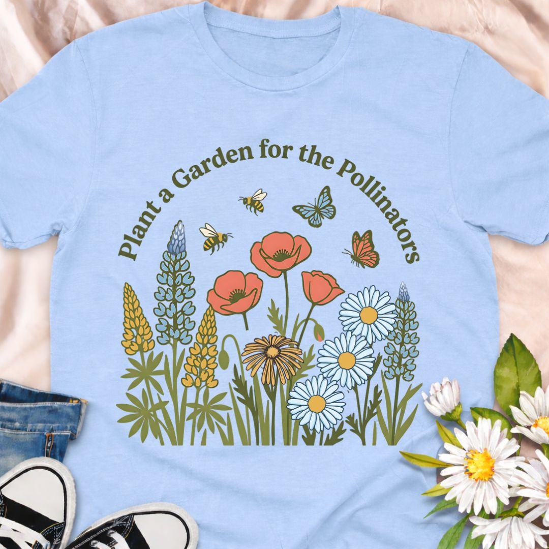 Encourage biodiversity with this “Plant a Garden for the Pollinators” t-shirt featuring colorful wildflowers, bees, and butterflies. Perfect for gardeners, pollinator advocates, nature lovers, and anyone passionate about helping bees and butterflies thrive.