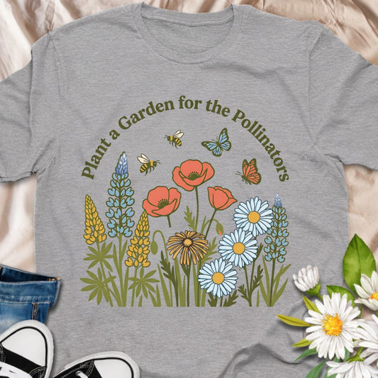 Encourage biodiversity with this “Plant a Garden for the Pollinators” t-shirt featuring colorful wildflowers, bees, and butterflies. Perfect for gardeners, pollinator advocates, nature lovers, and anyone passionate about helping bees and butterflies thrive.