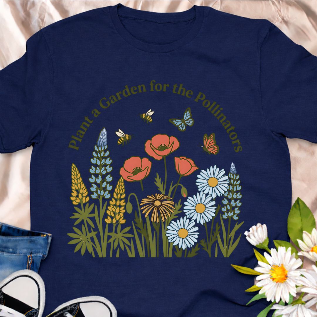 Encourage biodiversity with this “Plant a Garden for the Pollinators” t-shirt featuring colorful wildflowers, bees, and butterflies. Perfect for gardeners, pollinator advocates, nature lovers, and anyone passionate about helping bees and butterflies thrive.