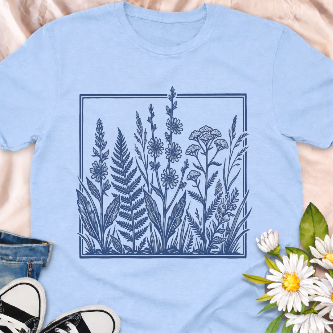 Elegant botanical illustration t-shirt featuring delicate wildflowers and foliage in a vintage botanical art style. Perfect for gardeners, plant lovers, nature enthusiasts, and anyone who appreciates timeless botanical designs.