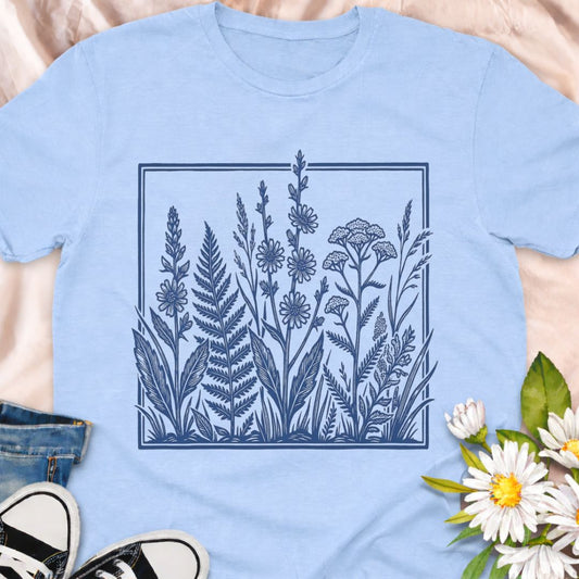 Elegant botanical illustration t-shirt featuring delicate wildflowers and foliage in a vintage botanical art style. Perfect for gardeners, plant lovers, nature enthusiasts, and anyone who appreciates timeless botanical designs.
