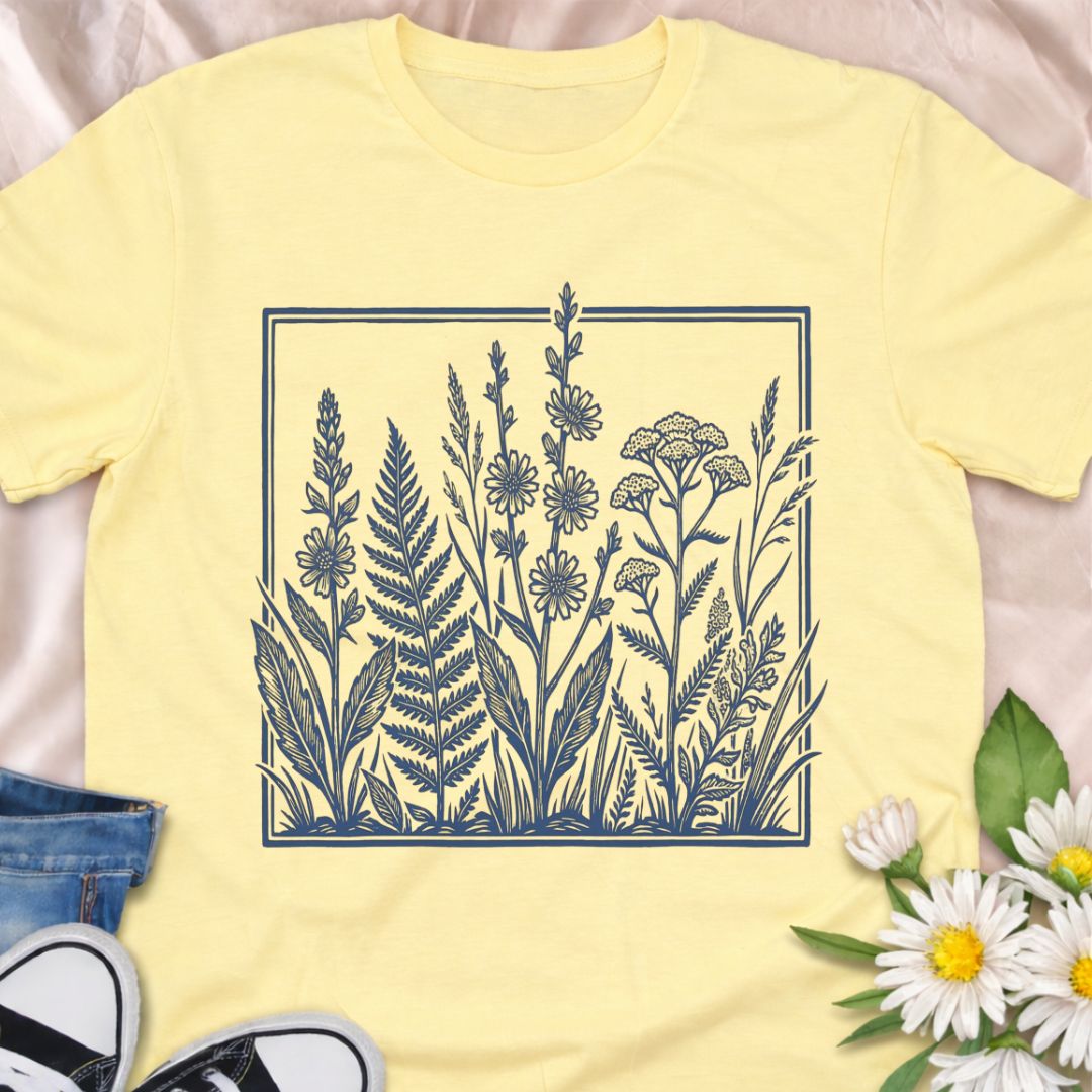 Elegant botanical illustration t-shirt featuring delicate wildflowers and foliage in a vintage botanical art style. Perfect for gardeners, plant lovers, nature enthusiasts, and anyone who appreciates timeless botanical designs.