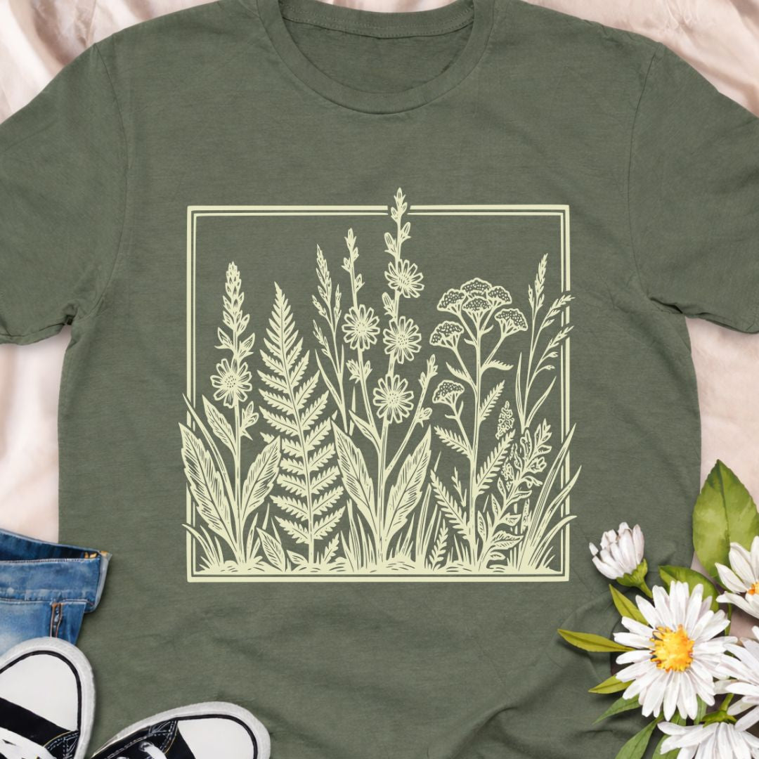 Elegant botanical illustration t-shirt featuring delicate wildflowers and foliage in a vintage botanical art style. Perfect for gardeners, plant lovers, nature enthusiasts, and anyone who appreciates timeless botanical designs.