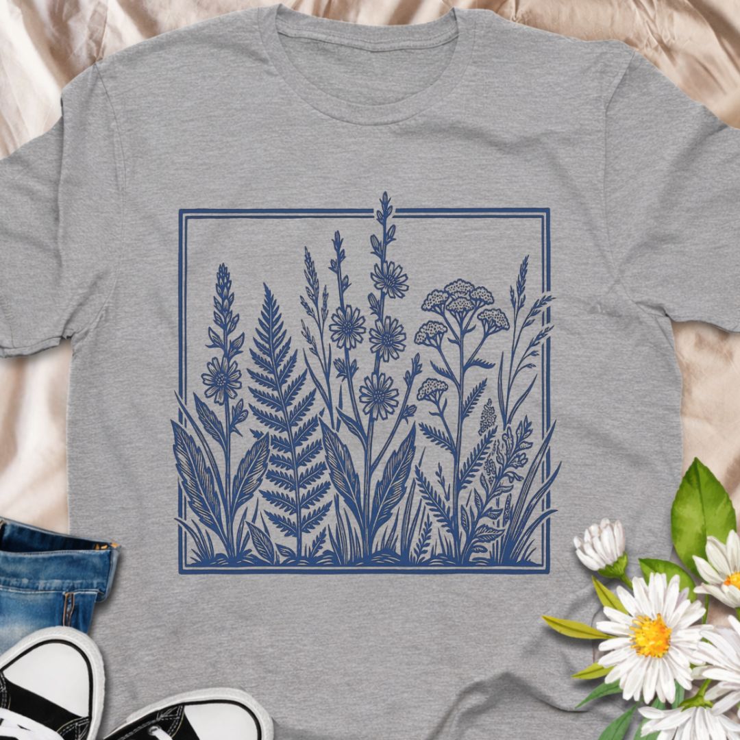 Elegant botanical illustration t-shirt featuring delicate wildflowers and foliage in a vintage botanical art style. Perfect for gardeners, plant lovers, nature enthusiasts, and anyone who appreciates timeless botanical designs.