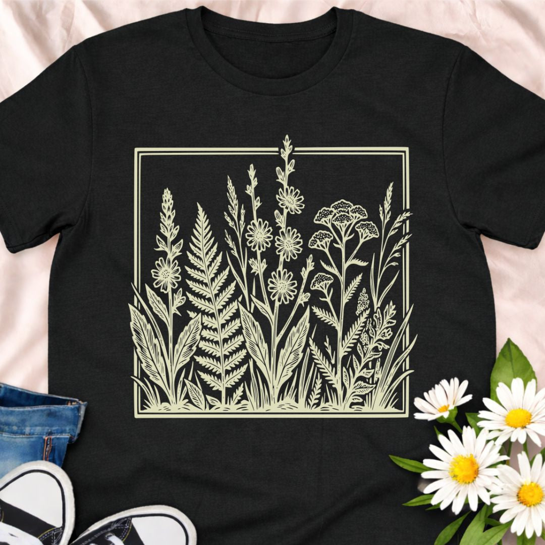 Elegant botanical illustration t-shirt featuring delicate wildflowers and foliage in a vintage botanical art style. Perfect for gardeners, plant lovers, nature enthusiasts, and anyone who appreciates timeless botanical designs.