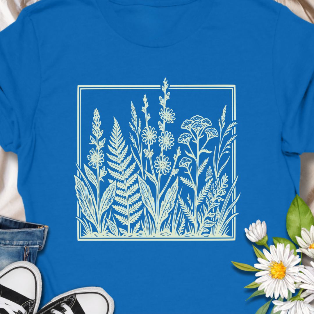 Elegant botanical illustration t-shirt featuring delicate wildflowers and foliage in a vintage botanical art style. Perfect for gardeners, plant lovers, nature enthusiasts, and anyone who appreciates timeless botanical designs.