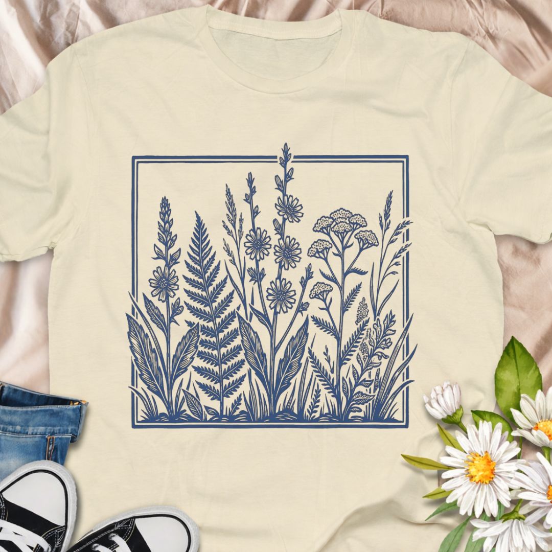 Elegant botanical illustration t-shirt featuring delicate wildflowers and foliage in a vintage botanical art style. Perfect for gardeners, plant lovers, nature enthusiasts, and anyone who appreciates timeless botanical designs.