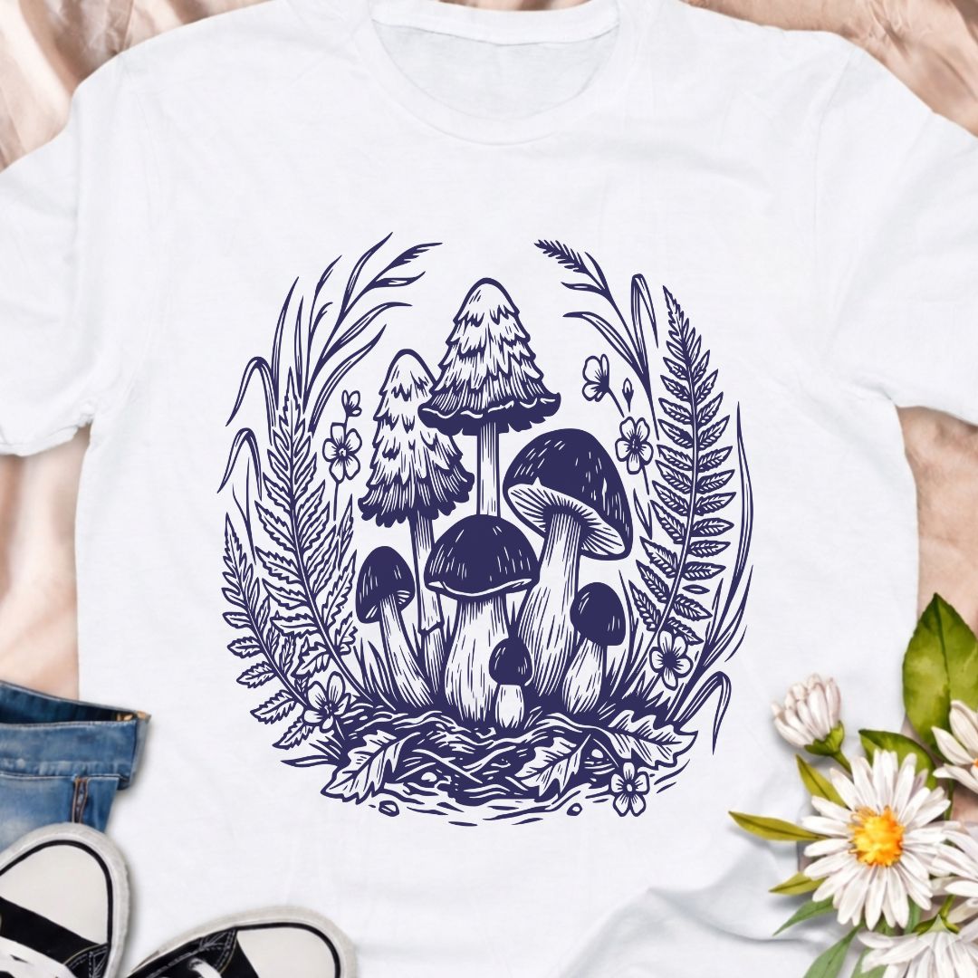 Beautiful woodland mushroom t-shirt featuring detailed forest fungi surrounded by ferns and wild plants in a botanical illustration style. Perfect for mushroom lovers, nature enthusiasts, gardeners, and fans of cottage core forest aesthetics.