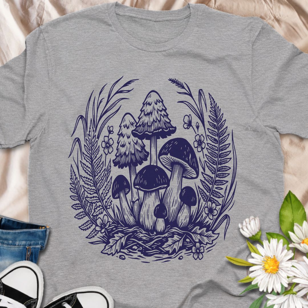 Beautiful woodland mushroom t-shirt featuring detailed forest fungi surrounded by ferns and wild plants in a botanical illustration style. Perfect for mushroom lovers, nature enthusiasts, gardeners, and fans of cottage core forest aesthetics.
