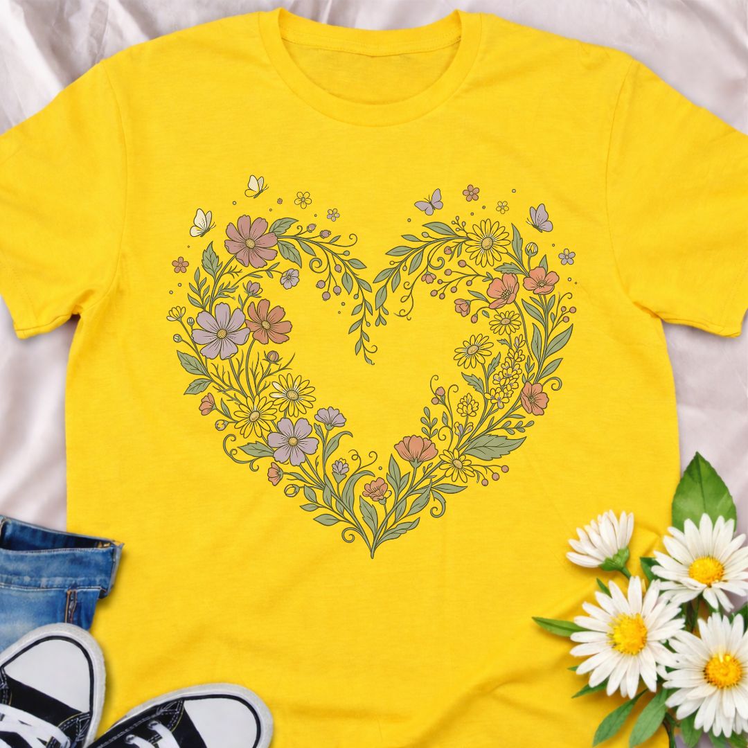 Botanical heart t-shirt featuring delicate wildflowers arranged in a heart shape. Perfect for gardeners, plant lovers, cottagecore fans, and anyone who loves floral nature-inspired designs.