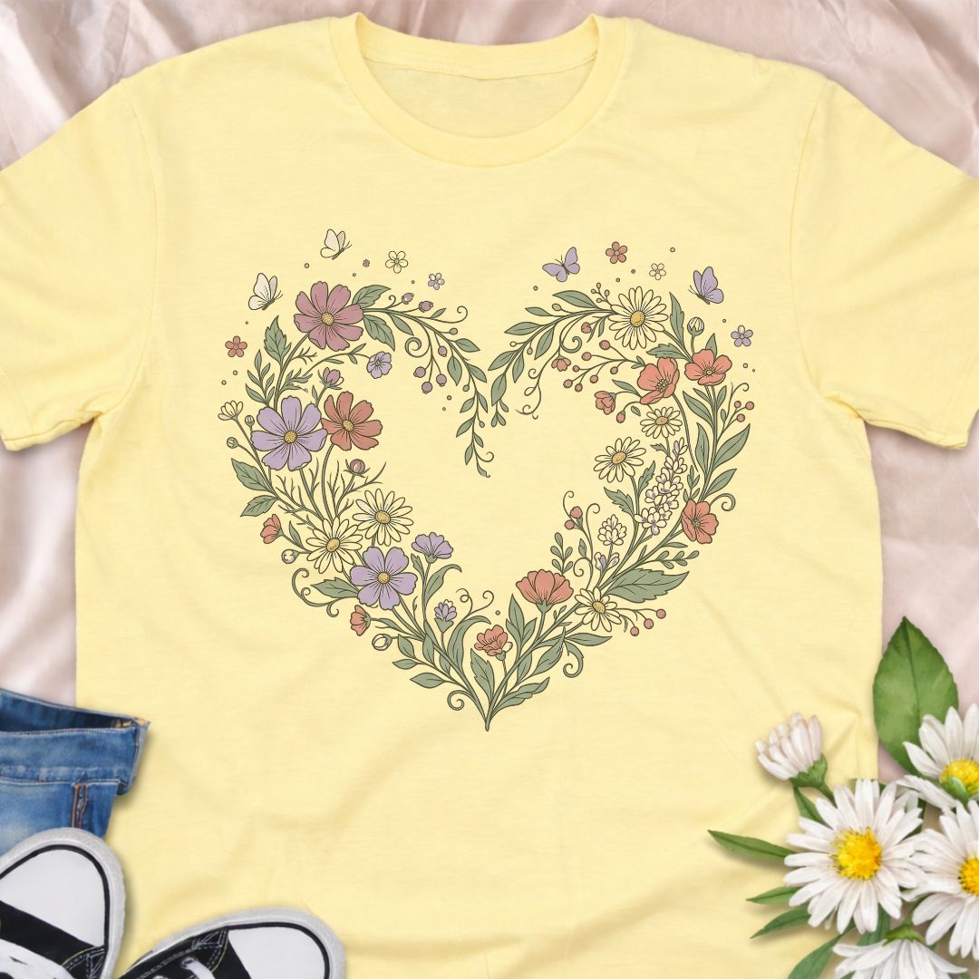 Botanical heart t-shirt featuring delicate wildflowers arranged in a heart shape. Perfect for gardeners, plant lovers, cottagecore fans, and anyone who loves floral nature-inspired designs.