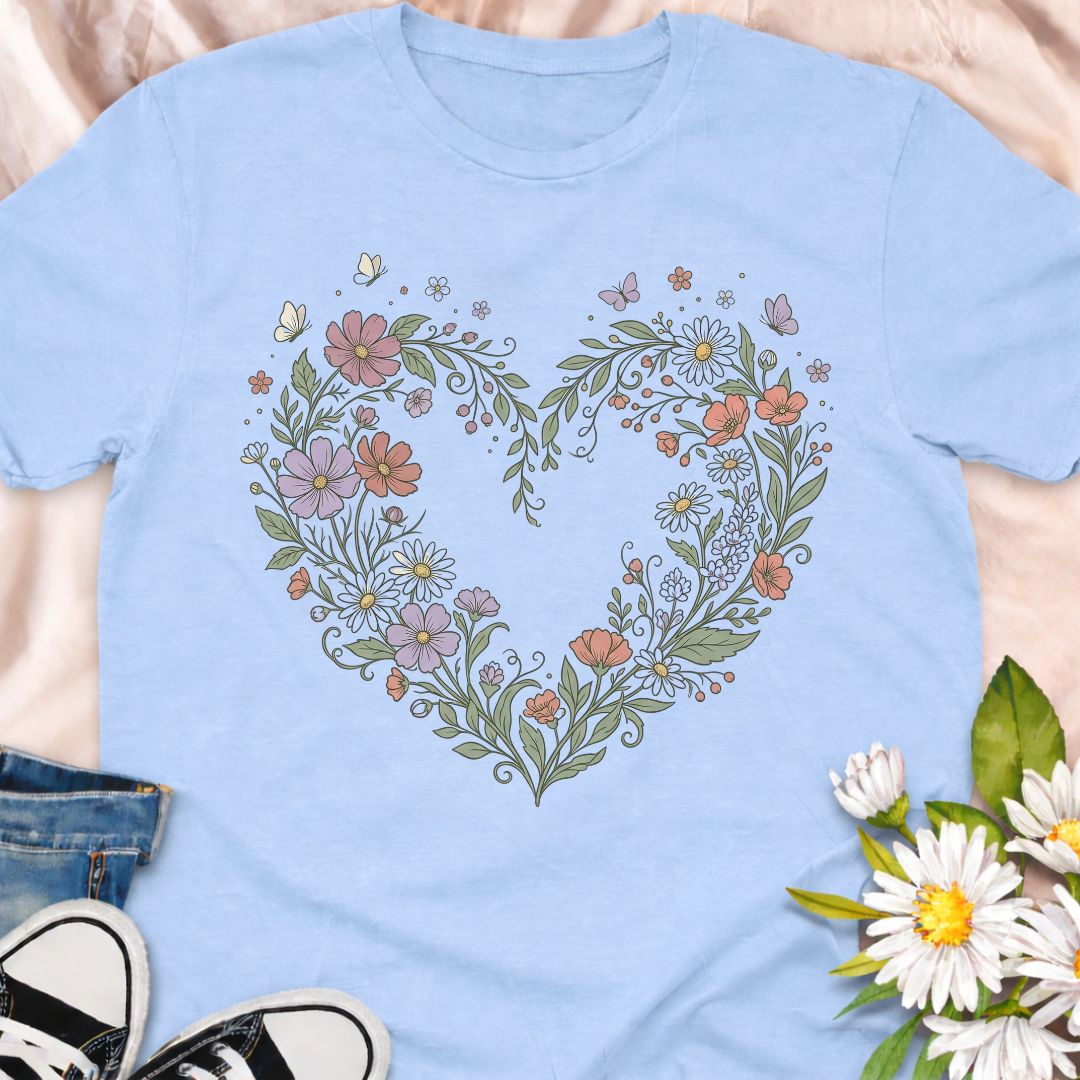 Botanical heart t-shirt featuring delicate wildflowers arranged in a heart shape. Perfect for gardeners, plant lovers, cottagecore fans, and anyone who loves floral nature-inspired designs.