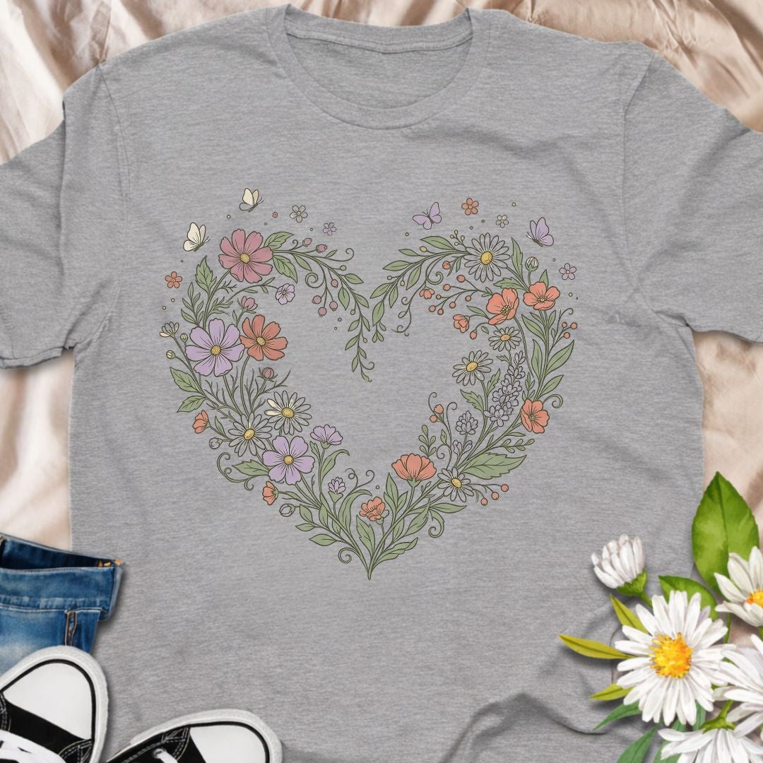Botanical heart t-shirt featuring delicate wildflowers arranged in a heart shape. Perfect for gardeners, plant lovers, cottagecore fans, and anyone who loves floral nature-inspired designs.