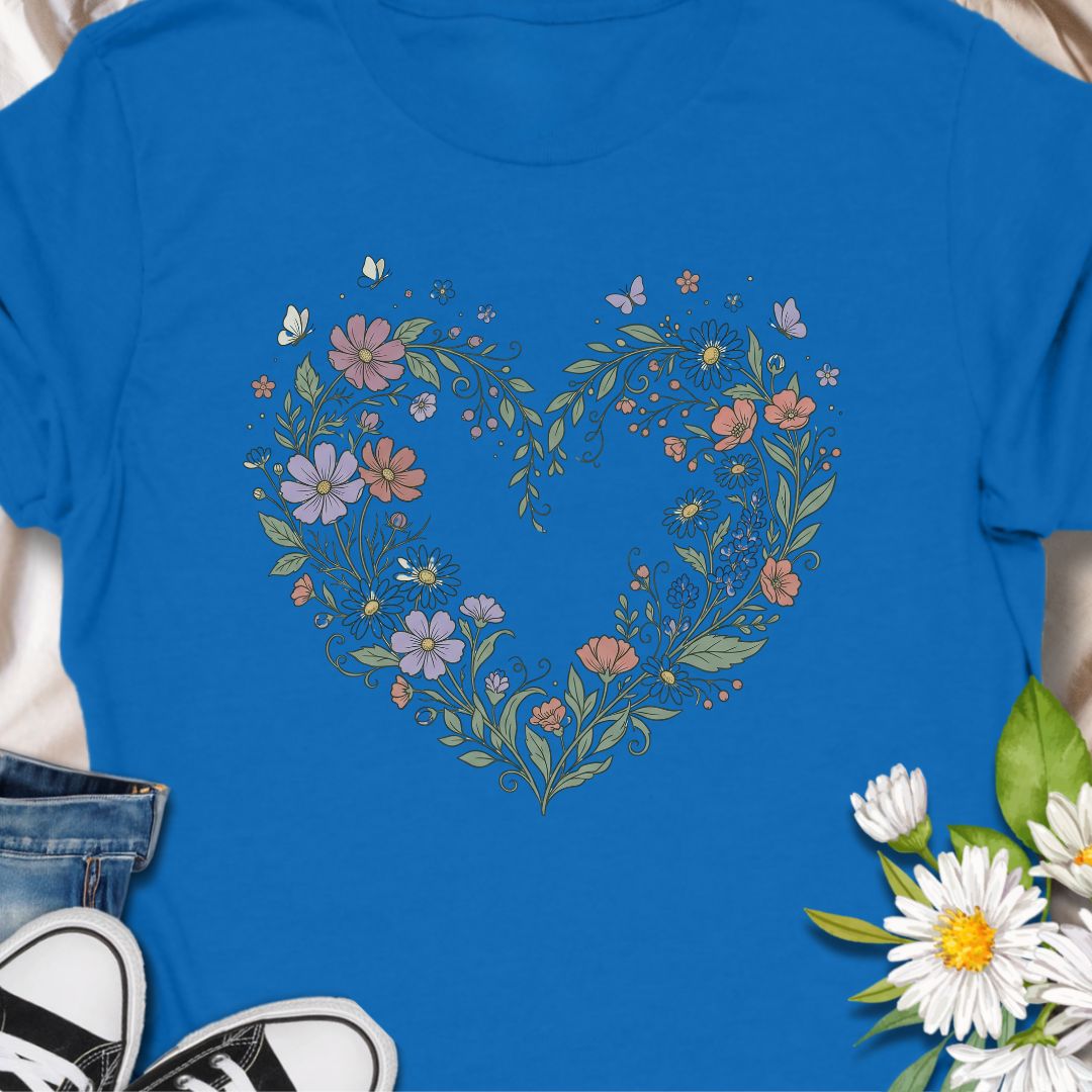Botanical heart t-shirt featuring delicate wildflowers arranged in a heart shape. Perfect for gardeners, plant lovers, cottagecore fans, and anyone who loves floral nature-inspired designs.