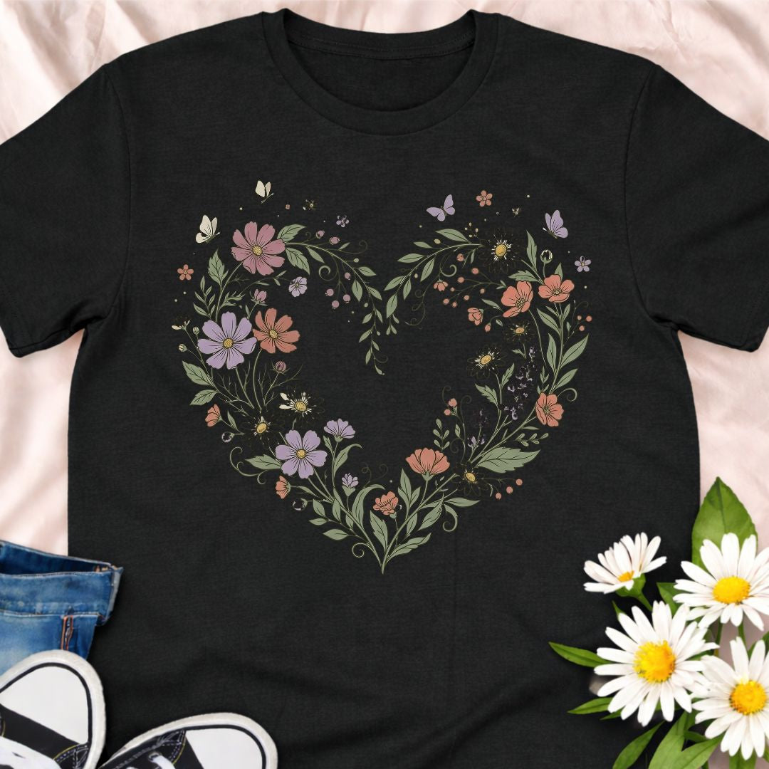 Botanical heart t-shirt featuring delicate wildflowers arranged in a heart shape. Perfect for gardeners, plant lovers, cottagecore fans, and anyone who loves floral nature-inspired designs.