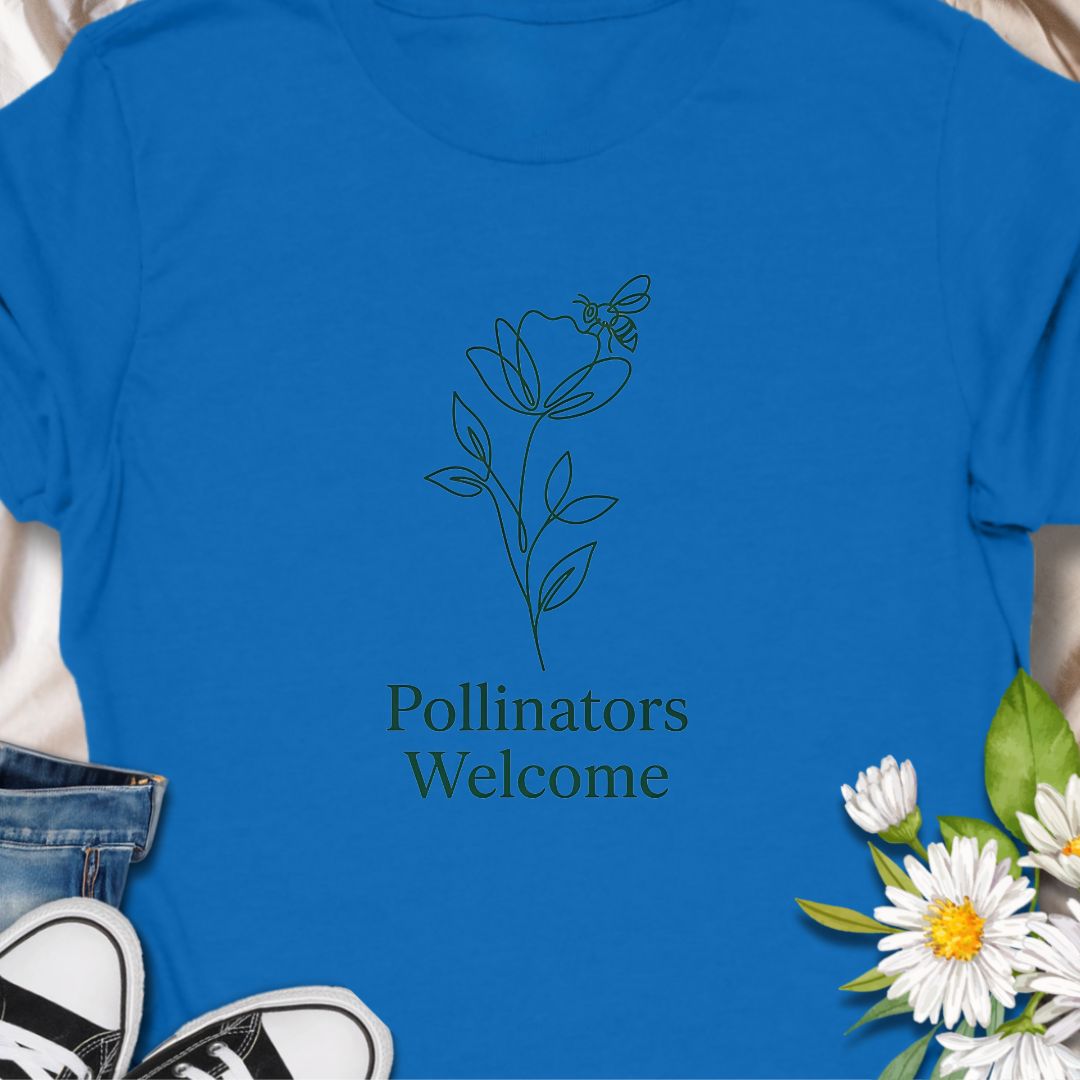 Simple botanical “Pollinators Welcome” t-shirt featuring a minimal flower and bee design. Perfect for gardeners, bee lovers, pollinator advocates, and anyone supporting bee-friendly gardens.