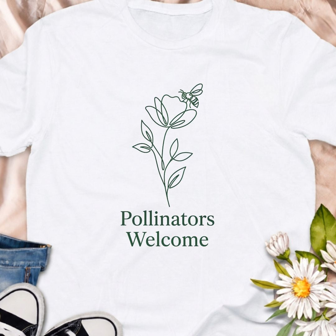 Simple botanical “Pollinators Welcome” t-shirt featuring a minimal flower and bee design. Perfect for gardeners, bee lovers, pollinator advocates, and anyone supporting bee-friendly gardens.