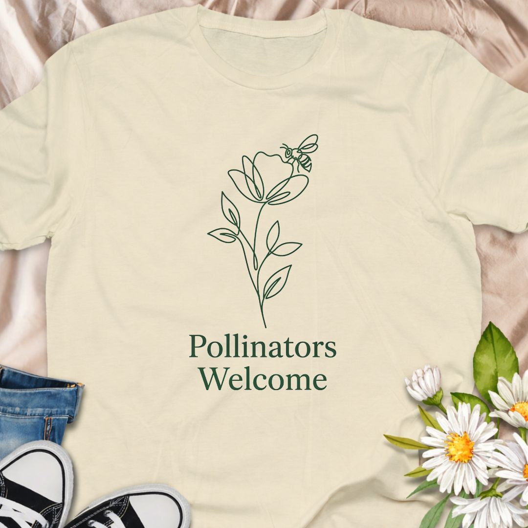 Simple botanical “Pollinators Welcome” t-shirt featuring a minimal flower and bee design. Perfect for gardeners, bee lovers, pollinator advocates, and anyone supporting bee-friendly gardens.