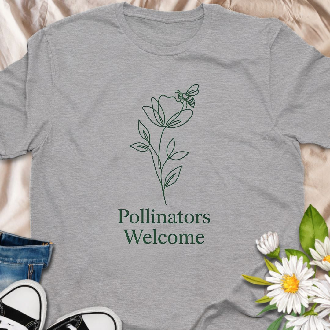Simple botanical “Pollinators Welcome” t-shirt featuring a minimal flower and bee design. Perfect for gardeners, bee lovers, pollinator advocates, and anyone supporting bee-friendly gardens.