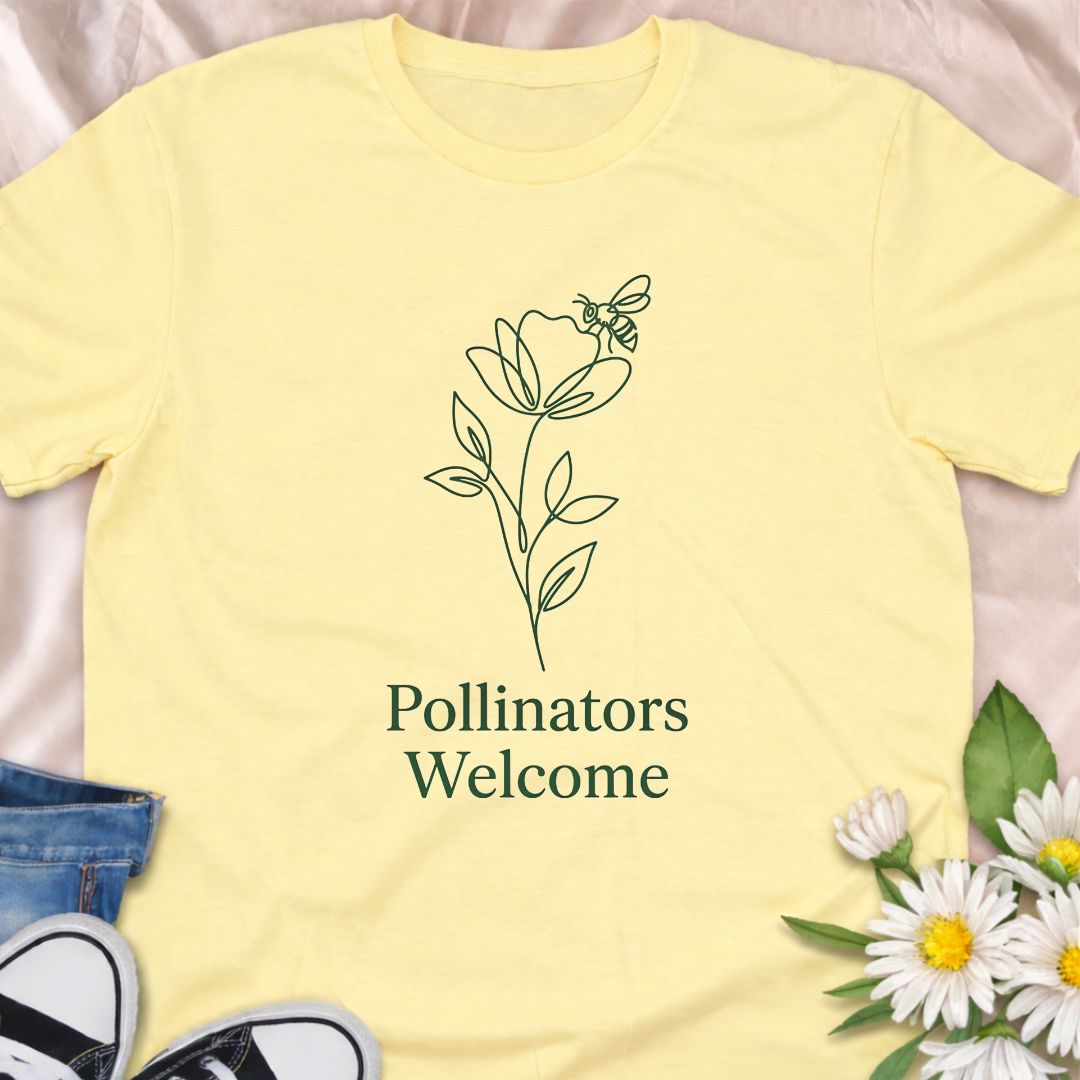 Simple botanical “Pollinators Welcome” t-shirt featuring a minimal flower and bee design. Perfect for gardeners, bee lovers, pollinator advocates, and anyone supporting bee-friendly gardens.