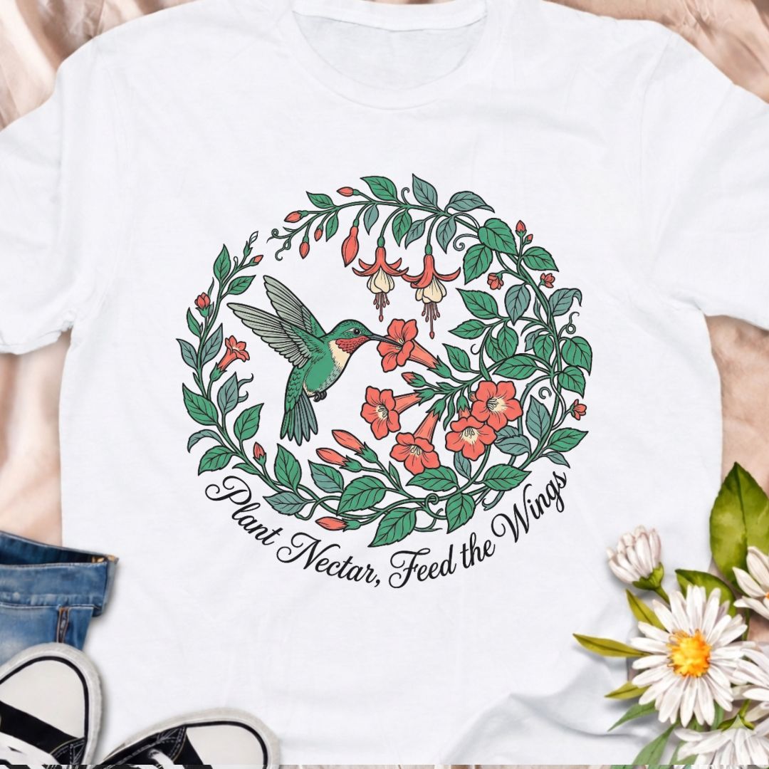 Plant nectar, feed the wings with this beautiful hummingbird and wildflower design. Perfect for gardeners, pollinator lovers, and hummingbird enthusiasts who support bee and butterfly friendly gardens.