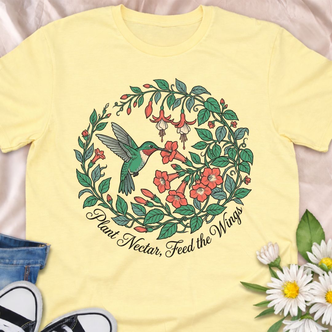 Plant nectar, feed the wings with this beautiful hummingbird and wildflower design. Perfect for gardeners, pollinator lovers, and hummingbird enthusiasts who support bee and butterfly friendly gardens.