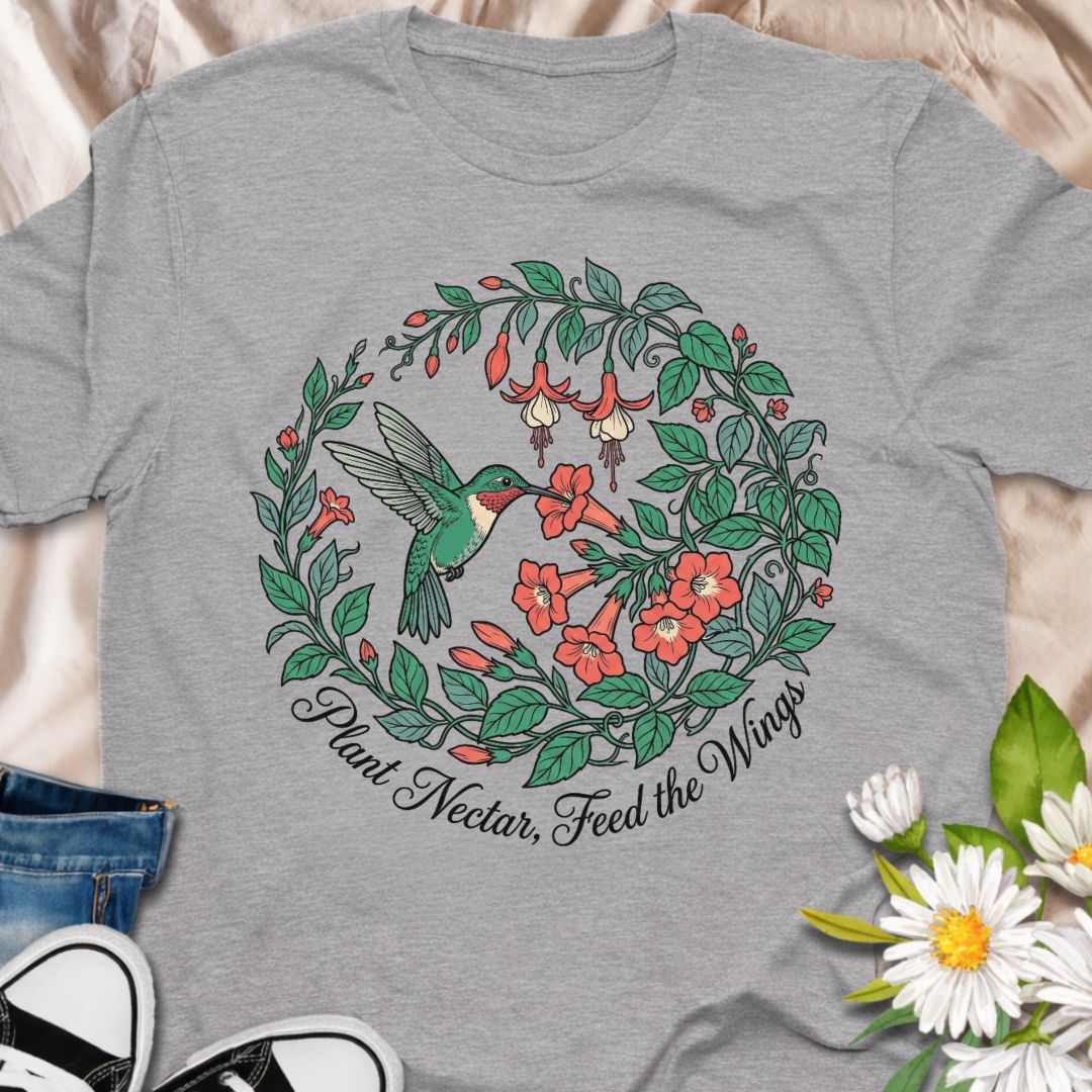 Plant nectar, feed the wings with this beautiful hummingbird and wildflower design. Perfect for gardeners, pollinator lovers, and hummingbird enthusiasts who support bee and butterfly friendly gardens.