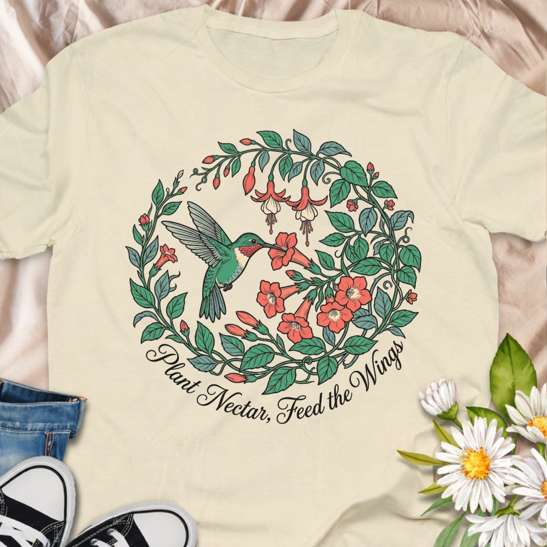 Plant nectar, feed the wings with this beautiful hummingbird and wildflower design. Perfect for gardeners, pollinator lovers, and hummingbird enthusiasts who support bee and butterfly friendly gardens.