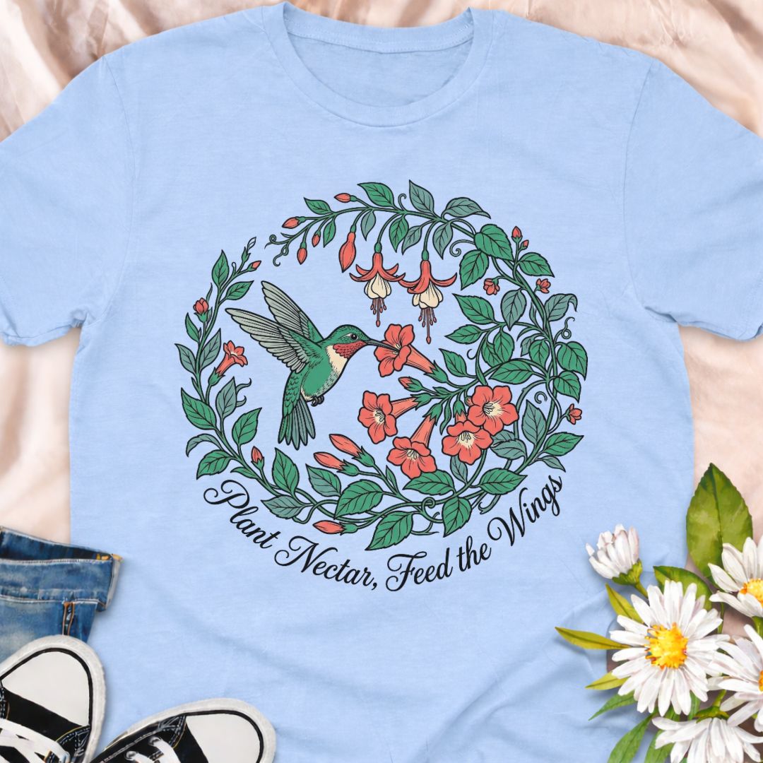 Plant nectar, feed the wings with this beautiful hummingbird and wildflower design. Perfect for gardeners, pollinator lovers, and hummingbird enthusiasts who support bee and butterfly friendly gardens.