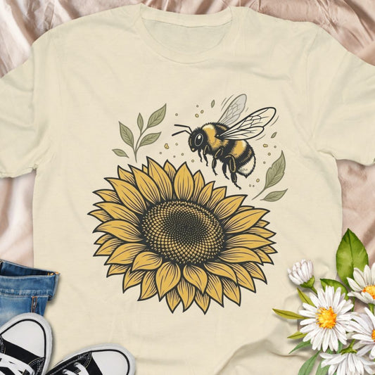 Beautiful bee and sunflower design celebrating pollinators and nature. Perfect for gardeners, bee lovers, and anyone who supports pollinator-friendly gardens and wildlife.