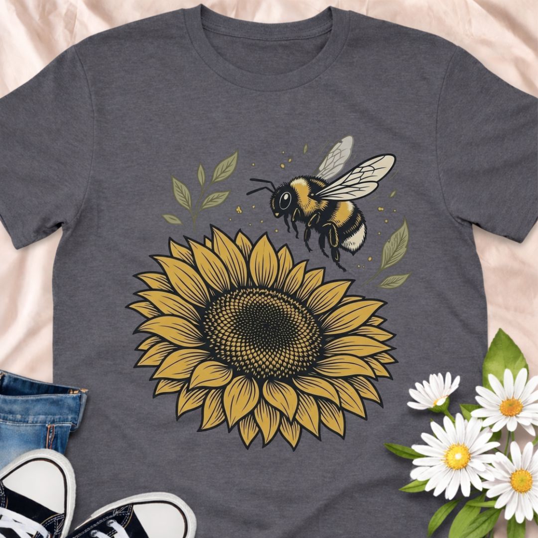 Beautiful bee and sunflower design celebrating pollinators and nature. Perfect for gardeners, bee lovers, and anyone who supports pollinator-friendly gardens and wildlife.